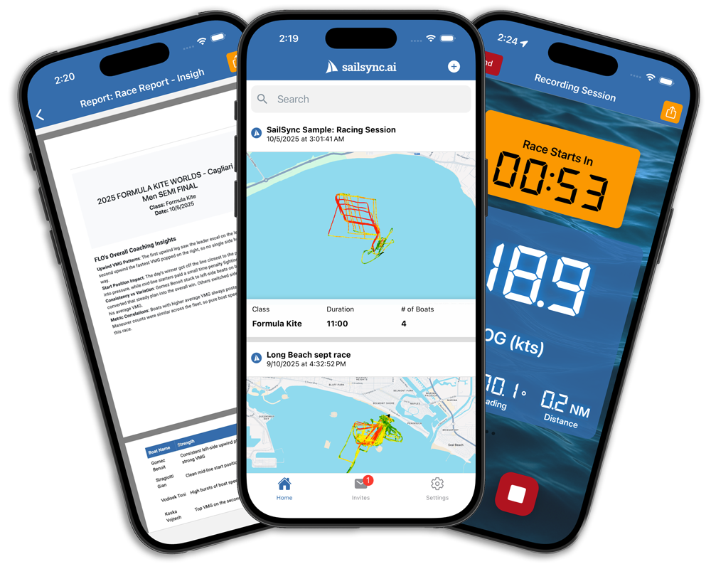 SailSync mobile app showing recorded sailing sessions, GPS tracks, and an on-water start countdown.